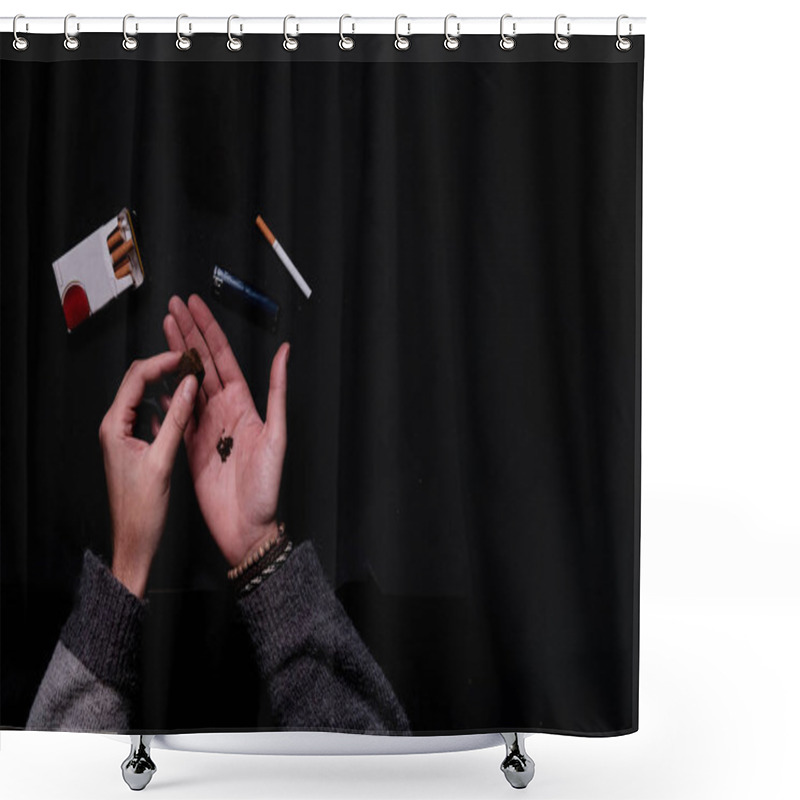 Personality  Aerial View Of Unrecognizable Male Hand Rolling A Hash Marihuana Joint In A Black Background Studio Session. A Tobacco Cigarette Is Also Visible In The Scene. Concept: Drug Consumption Shower Curtains