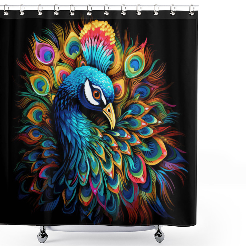 Personality  Portrait Of A Beautiful Peacock With The Feathers Of Its Tail Loosely Arranged In An Intricate And Colourful Pattern In A Decorative Vector Art Style On A Black Background. Shower Curtains