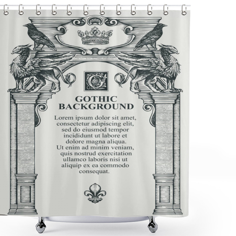 Personality  Gothic Background Or Frame For A Diploma Or Certificate In The Form Of A Classical Building Facade. Vector Illustration With Hand-drawn Ancient Arch Decorated With Statues Of Griffins And Black Ravens Shower Curtains