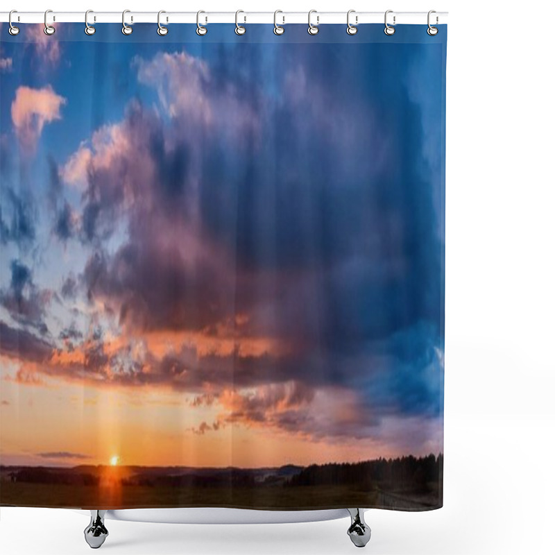 Personality  A Dramatic Sunset Paints The Sky With Vibrant Hues, As Dark Clouds Linger After A Rain Shower Over A Vast, Rolling Landscape Shower Curtains