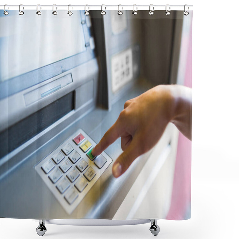 Personality  Close Up Of Hand Entering Pin Code At Atm Machine Shower Curtains