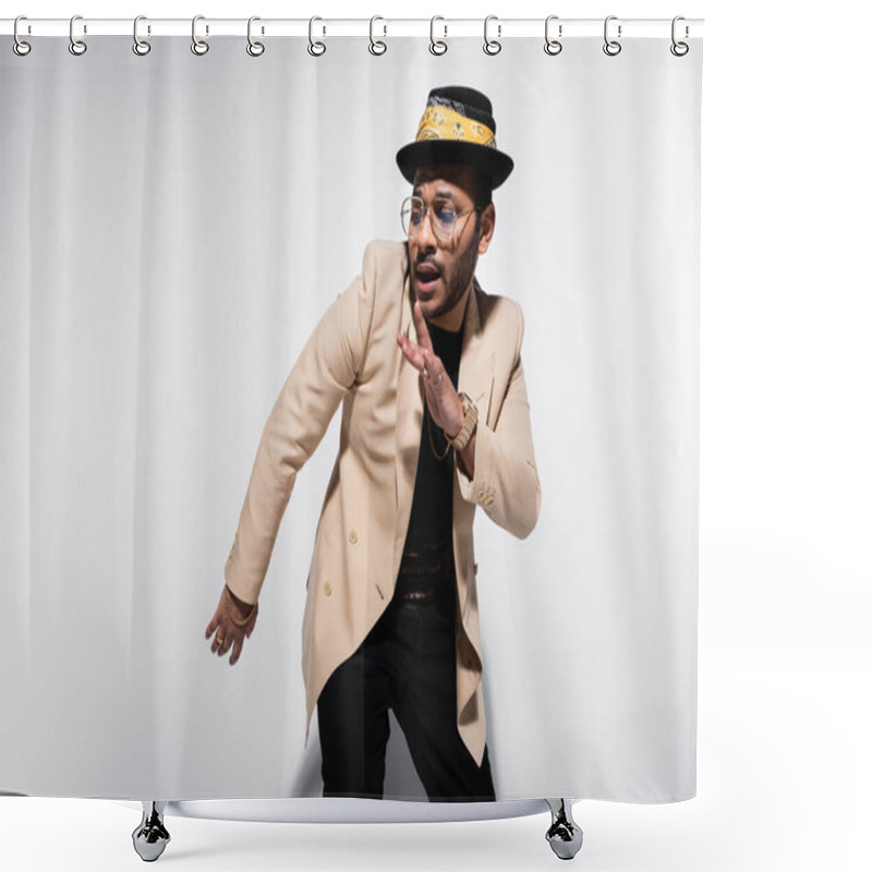 Personality  Eastern Hip Hop Performer In Fedora Hat And Eyeglasses Looking Away And Gesturing On Grey Shower Curtains