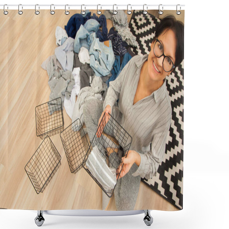 Personality  Spring Cleaning Of Closet. Vertical Tidying Up Storage. Neatly F Shower Curtains