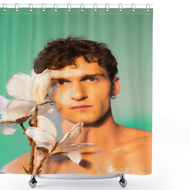 Personality  Brunette Man With Oil On Skin Looking At Camera Near Magnolia Branch On Green Background Shower Curtains