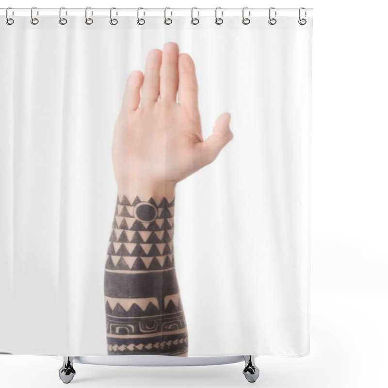 Personality  Partial View Of Tattooed Man Hand Isolated On White Shower Curtains