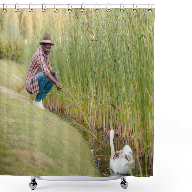 Personality  African American Man Feeding Swan Shower Curtains