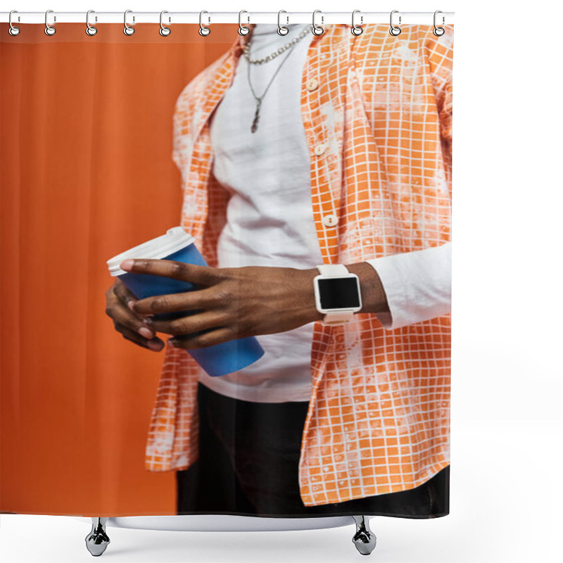 Personality  Handsome Man In Orange Shirt Savoring Cup Of Coffee. Shower Curtains