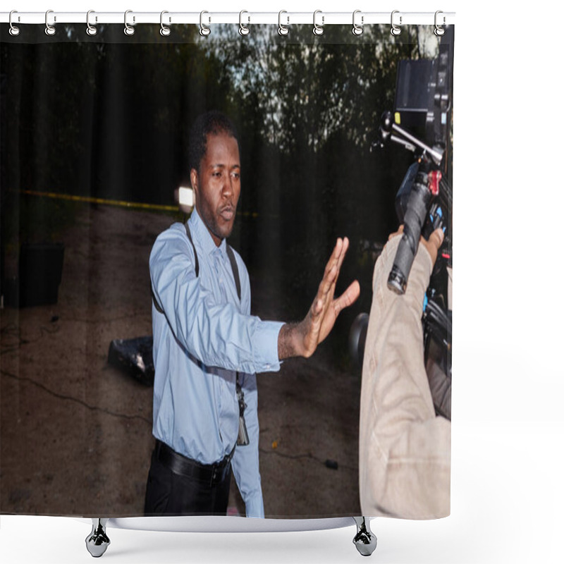 Personality  Dramatic Portrait Of African American Man As Police Officer Stopping News Reporters And Cameras At Crime Scene, Shot With Flash Shower Curtains