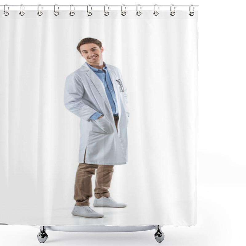 Personality  Cheerful Chemist In White Coat Shower Curtains