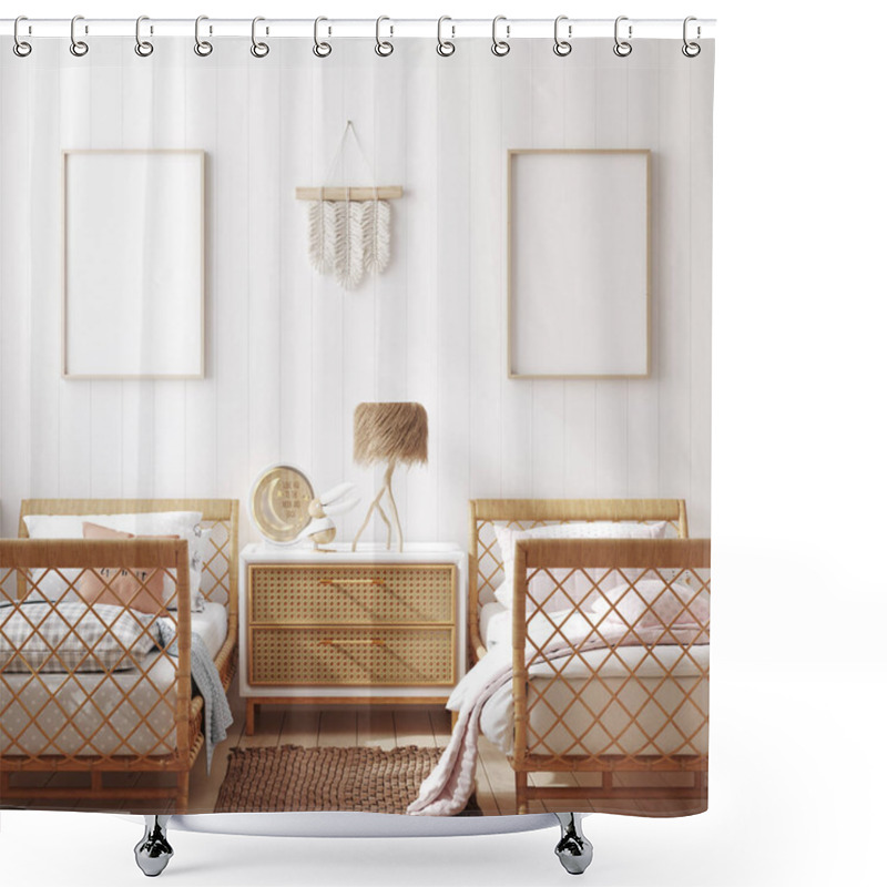 Personality  Mockup Frame In Children Bedroom With Wicker Furniture, Coastal Boho Style, 3d Render Shower Curtains