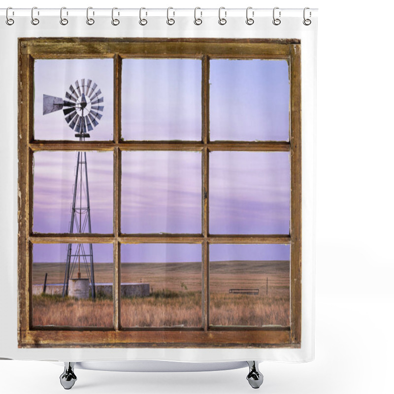 Personality  Windmill With A Pump And Cattle Water Tank In Shortgrass Prairie At Dusk As Seen From A Vintage Cabin Window Shower Curtains