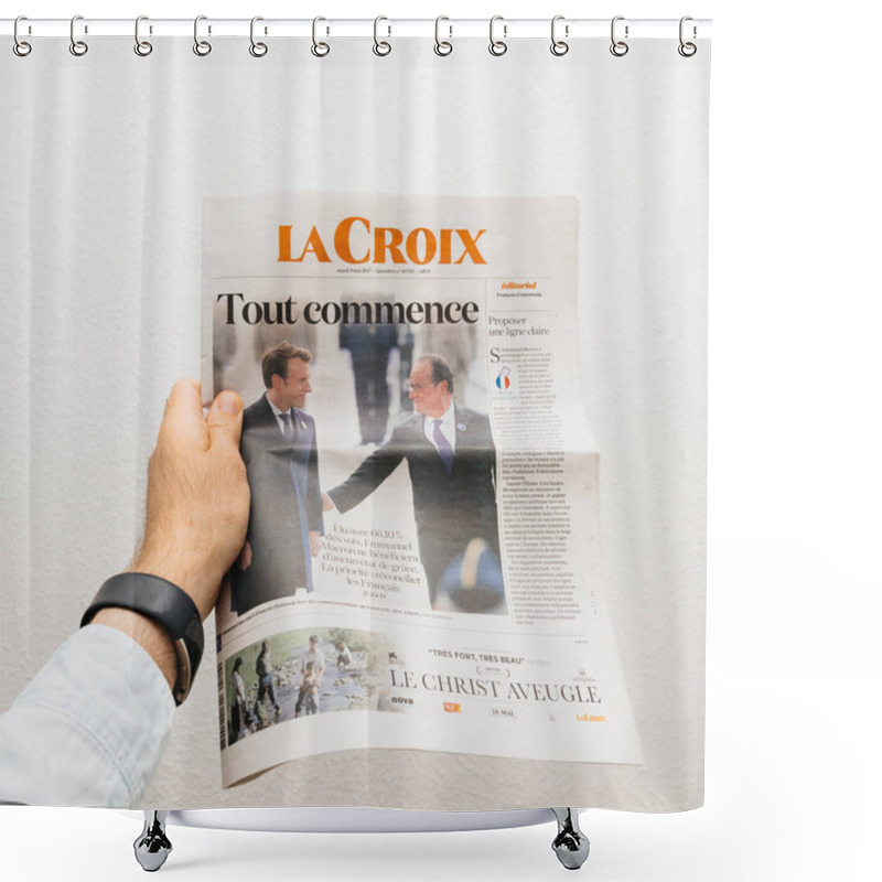 Personality  Man Holding La Croix Newspaper With Emmanuel Macron On First Pag Shower Curtains