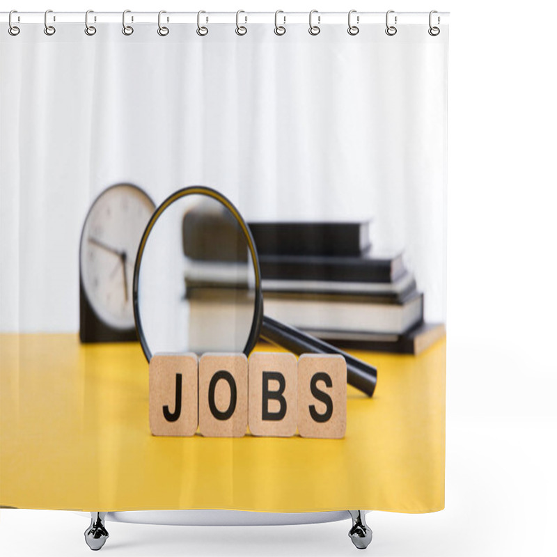 Personality  Cardboard Squares With Jobs Inscription Near Magnifying Glass, Copy Books And Clock On Yellow Surface Isolated On White Shower Curtains