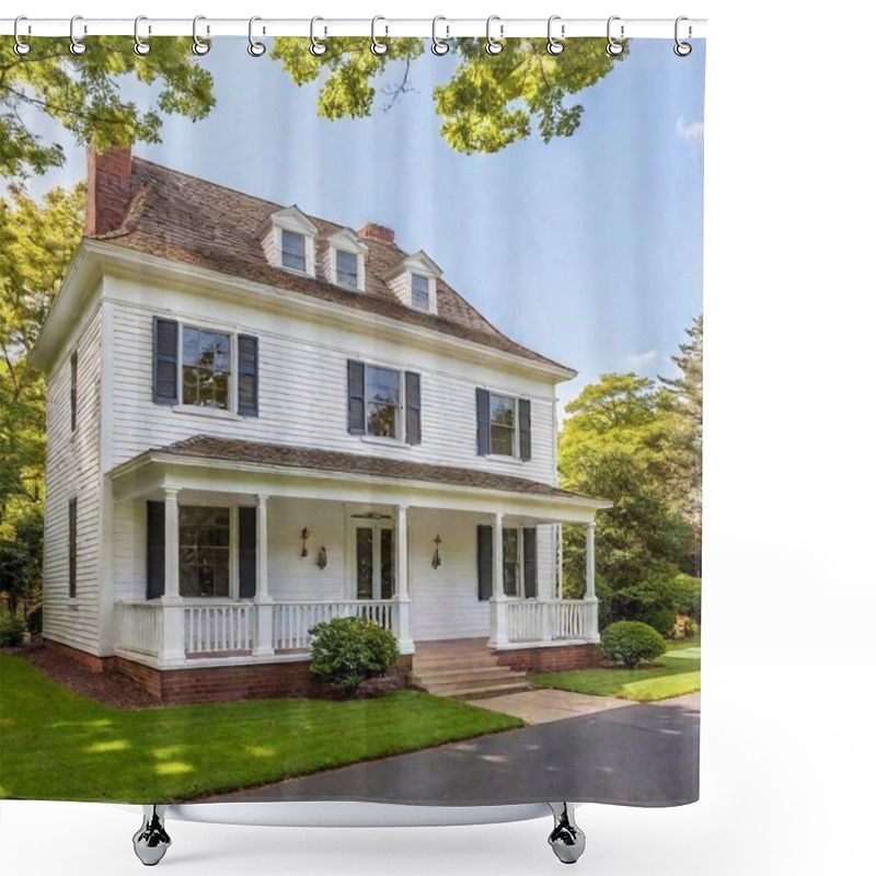 Personality  Beautiful White House In A Garden With Green Trees Shower Curtains