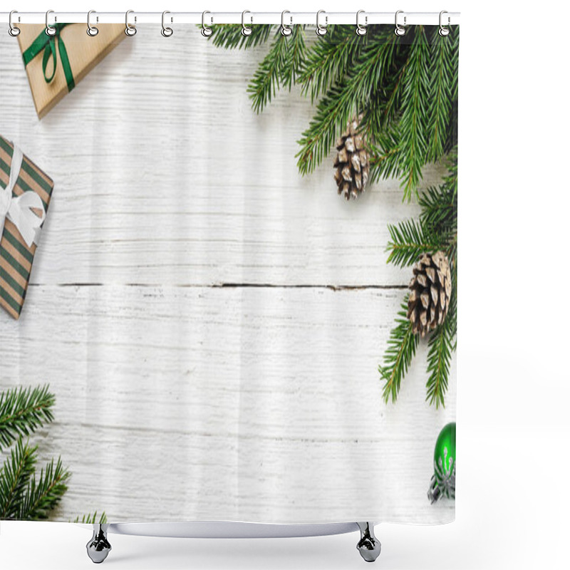 Personality  Christmas Fir Tree Branches With Gift Boxes Background Shower Curtains