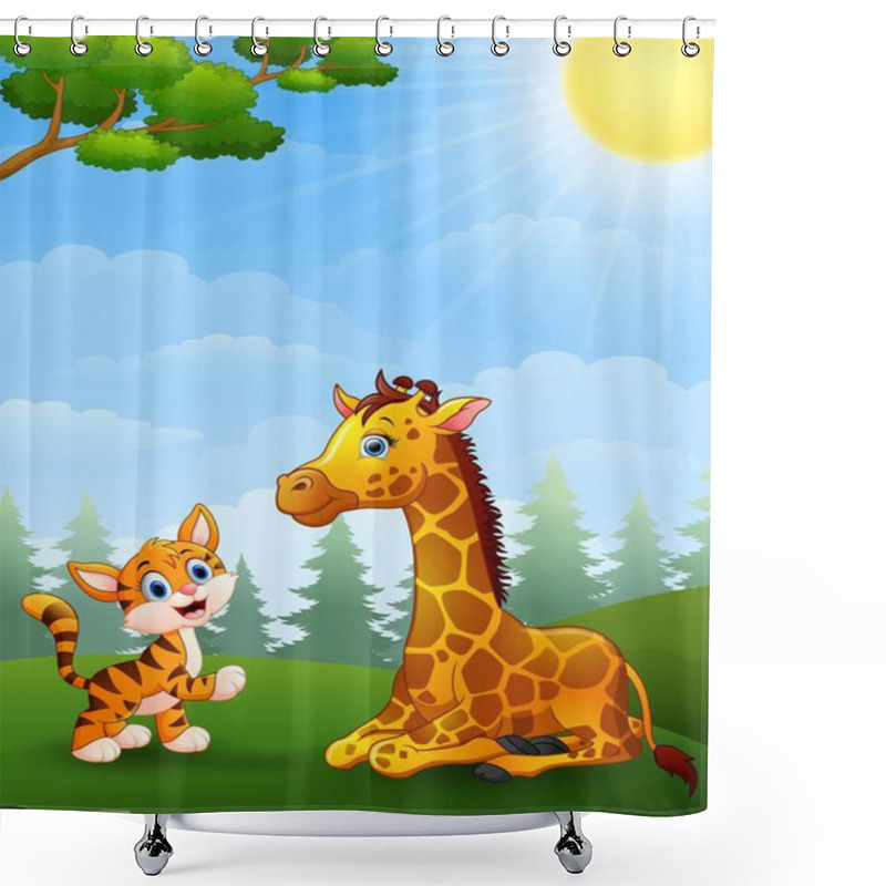 Personality  Tiger And Giraffe Cartoon In The Jungle Shower Curtains