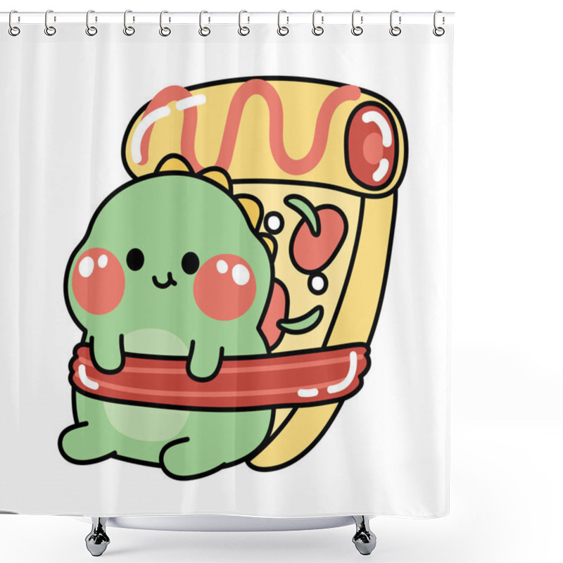 Personality  Pizza With Cute Dinosaur Sit On White Background.Fastfood.Funny Animal Character Cartoon Design.Isolated.Kawaii.Vector.Illustration. Shower Curtains