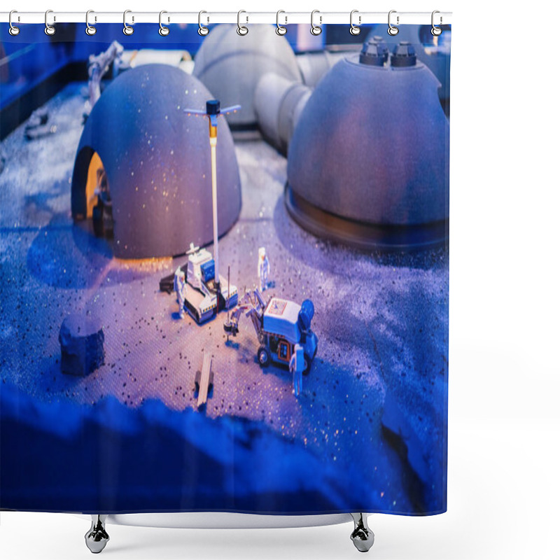 Personality  Detailed Miniature Model Depicts A Futuristic Lunar Base With Dome Structures, Vehicles, And Astronaut Figures, Capturing The Essence Of Space Exploration And Innovation In A Realistic Diorama Setting Shower Curtains