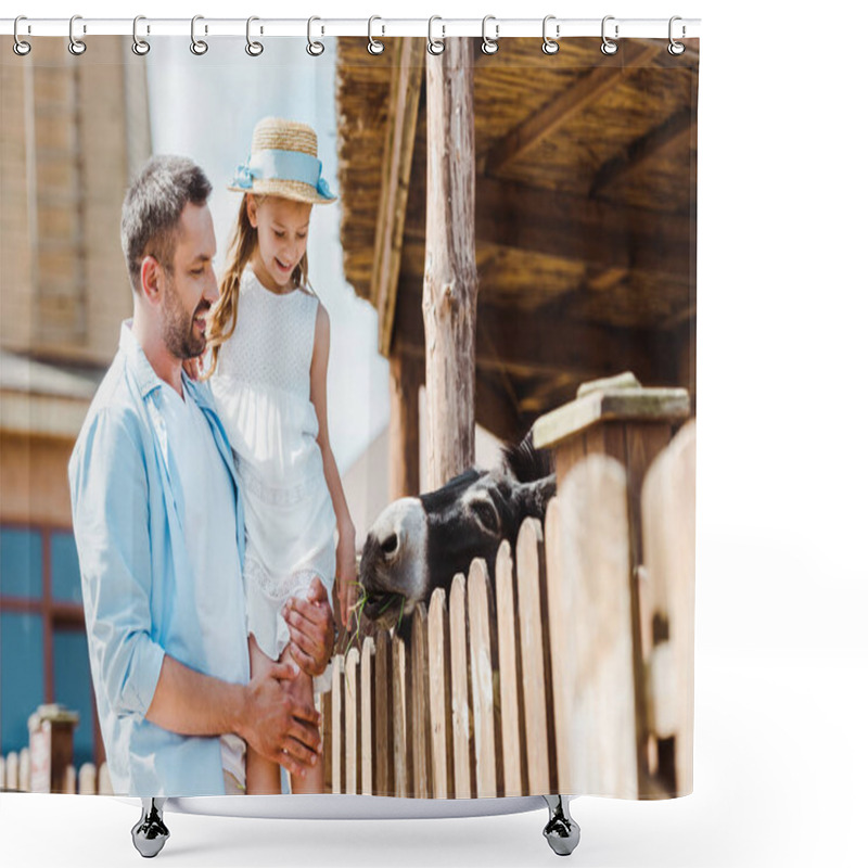 Personality  Selective Focus Of Happy Father Holding In Arms Cute Daughter Near Wooden Fence In Zoo  Shower Curtains