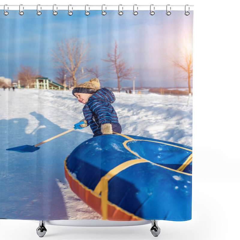 Personality  The Little Boy Pulls The Tubing. In Hands Of Holding A Spatula. In Winter, The City Plays On A Roller Coaster A Happy Child. Shower Curtains