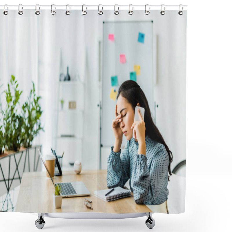 Personality  Stressed Asian Businesswoman Sitting At Computer Desk And Talking On Smartphone In Office Shower Curtains