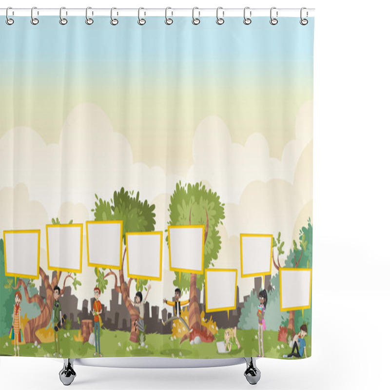 Personality  Cartoon Teenagers Talking With Speech Bubbles In On Beautiful Park Shower Curtains