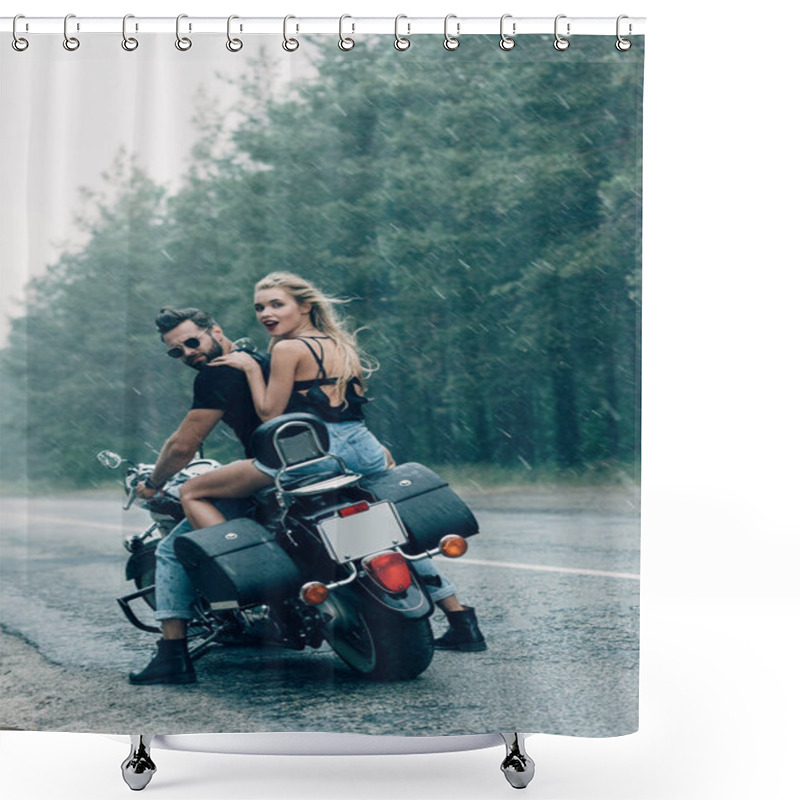 Personality  Young Couple Of Bikers Riding Black Motorcycle Near Green Forest At Stormy Weather Shower Curtains