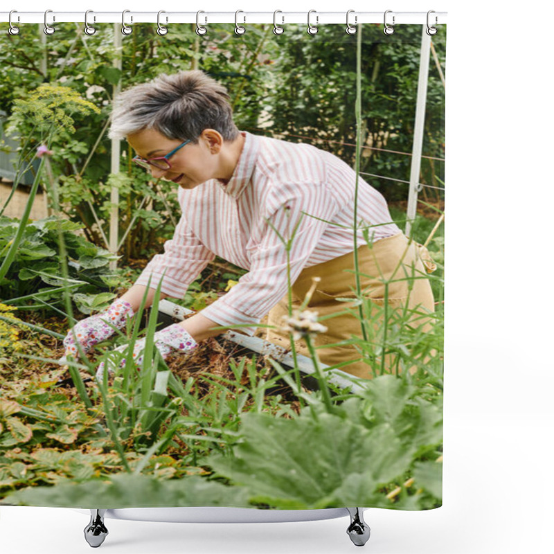 Personality  Good Looking Happy Mature Woman With Glasses Working In Her Vivid Green Garden And Smiling Joyfully Shower Curtains