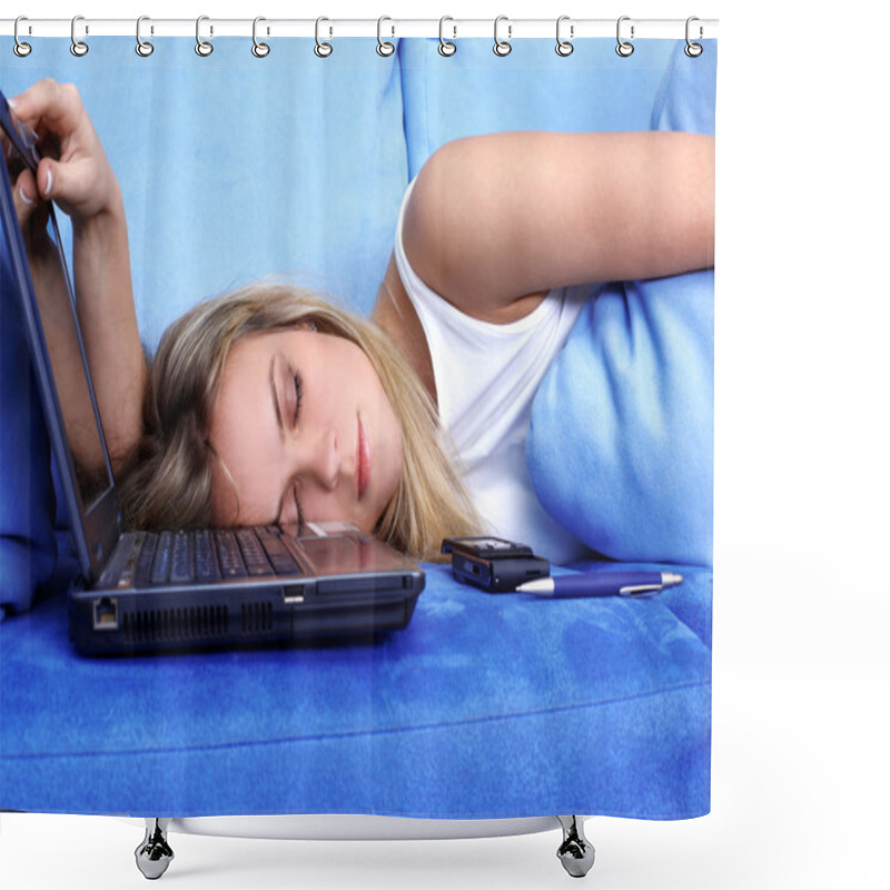 Personality  Tired Woman Sleeping At The PC Shower Curtains