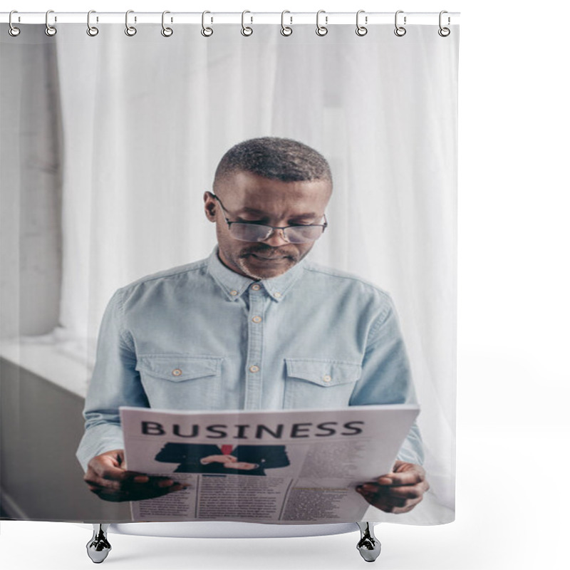 Personality  Senior African American Man In Eyeglasses Reading Business Newspaper At Home Shower Curtains