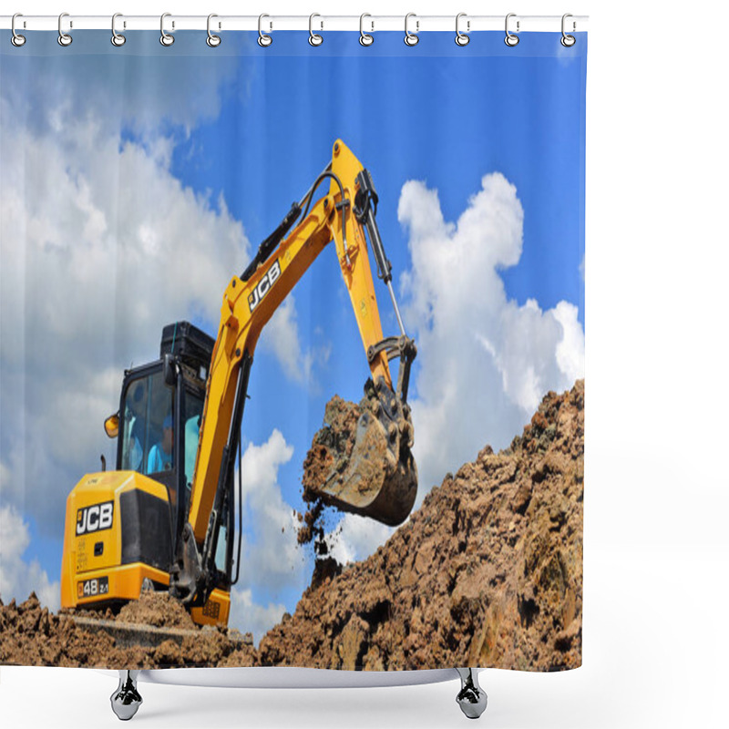 Personality  Kalush, Ukraine- June 15, 2017: The Modern Excavator JCB Performs Excavation Work On The Construction Site Near The City Of Kalush, Western Ukraine. Shower Curtains