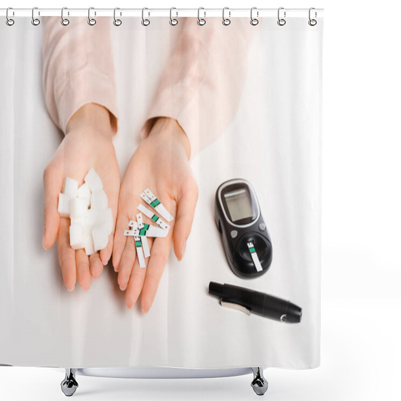 Personality  Cropped Image Of Woman Holding Glucometer Strips And Refined Sugar Isolated On White, Diabetes Concept Shower Curtains