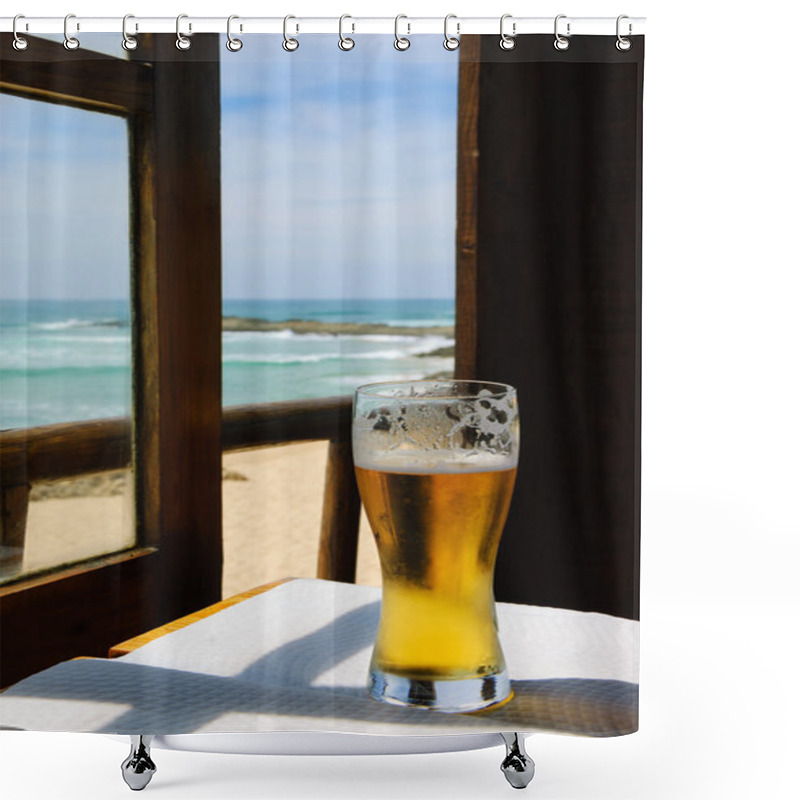 Personality  Cold Beer On Cafe Terrace With The View On The Ocean Beach Through The Opened Window. Algarve, Portugal. A Game Of Light An Shadow. Shower Curtains