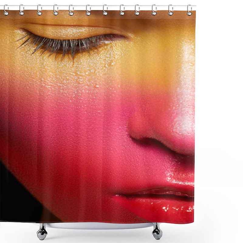 Personality  Beauty Close-up Portrait Of Beautiful Woman Model Face With Magic Creative Fashion Multicolored Make-up. Face Painting, Cosmetics, Beauty And Makeup. Shower Curtains