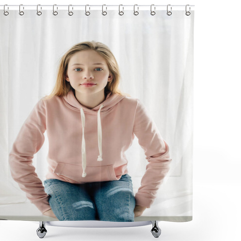 Personality  Front View Of Teenage Kid In Pink Hoodie Sitting On Window Sill And Looking At Camera Shower Curtains