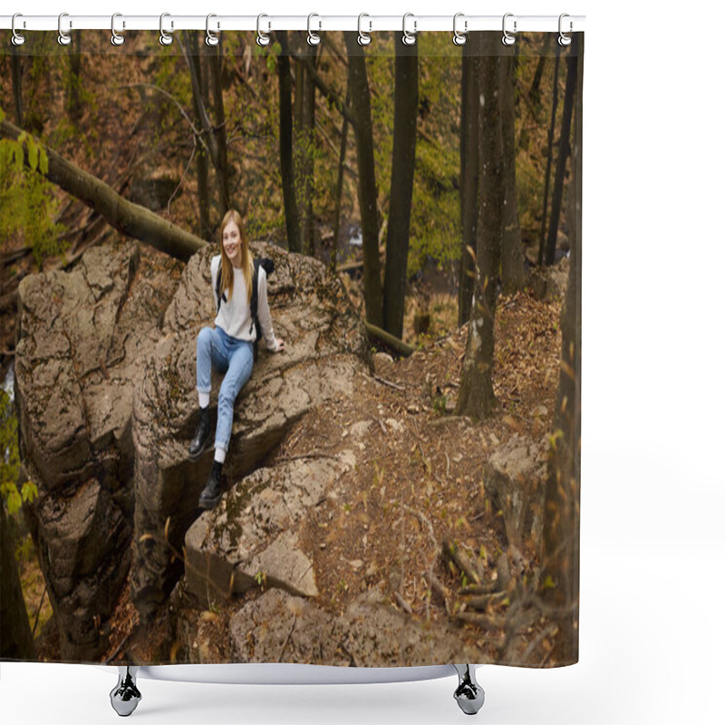 Personality  Smiling Woman Hiker With Backpack Sitting At Halt On Rocky Cliff In Forest Looking At Camera Shower Curtains