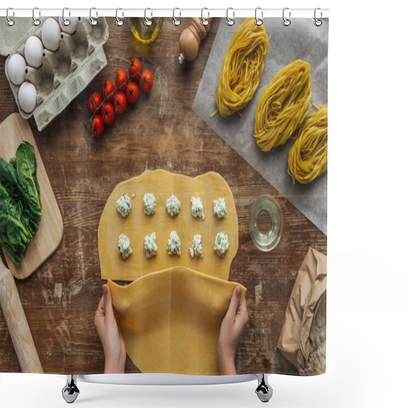 Personality  Top View Of Female Hands Covering Dough With Filling For Ravioli At Wooden Table Shower Curtains