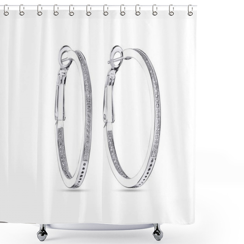 Personality  White Gold Round Hoops Earrings With Diamonds, On White Background Shower Curtains