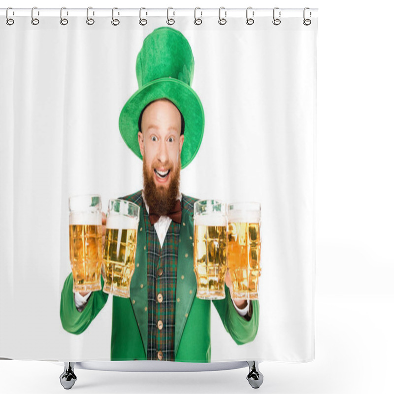 Personality  Excited Leprechaun Celebrating St Patricks Day With Glasses Of Beer, Isolated On White Shower Curtains