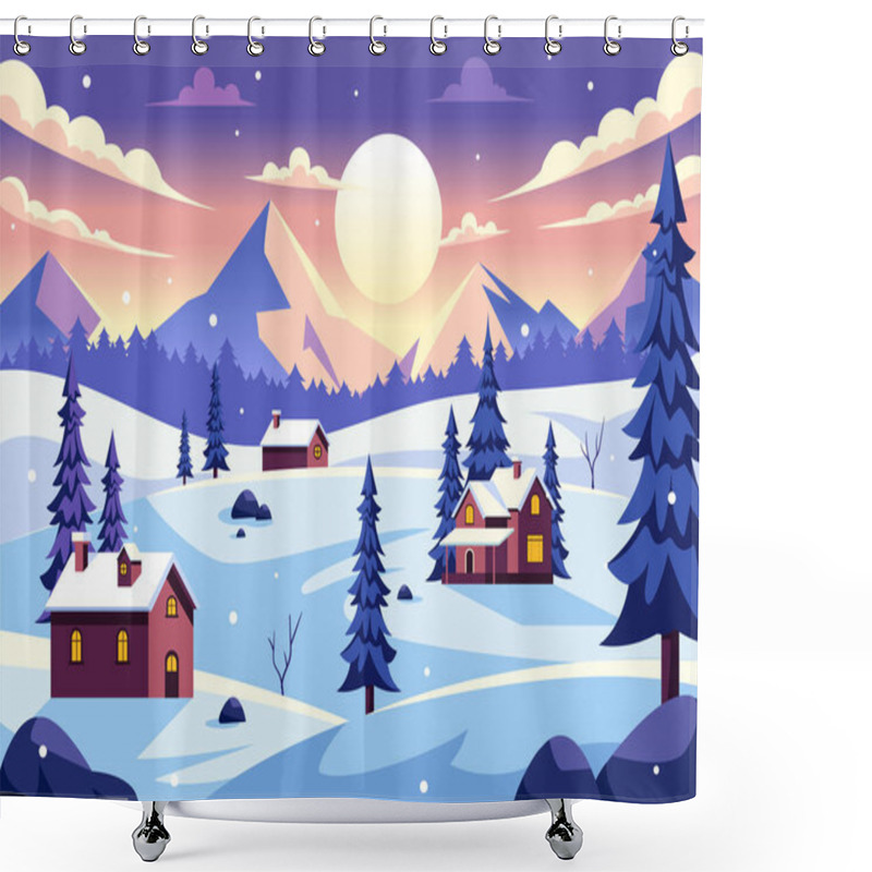 Personality  Charming Winter Village Vector Illustration Featuring Cozy Houses In A Scenic Snowy Mountain Landscape, With A Serene Nature Setting In A Background Shower Curtains