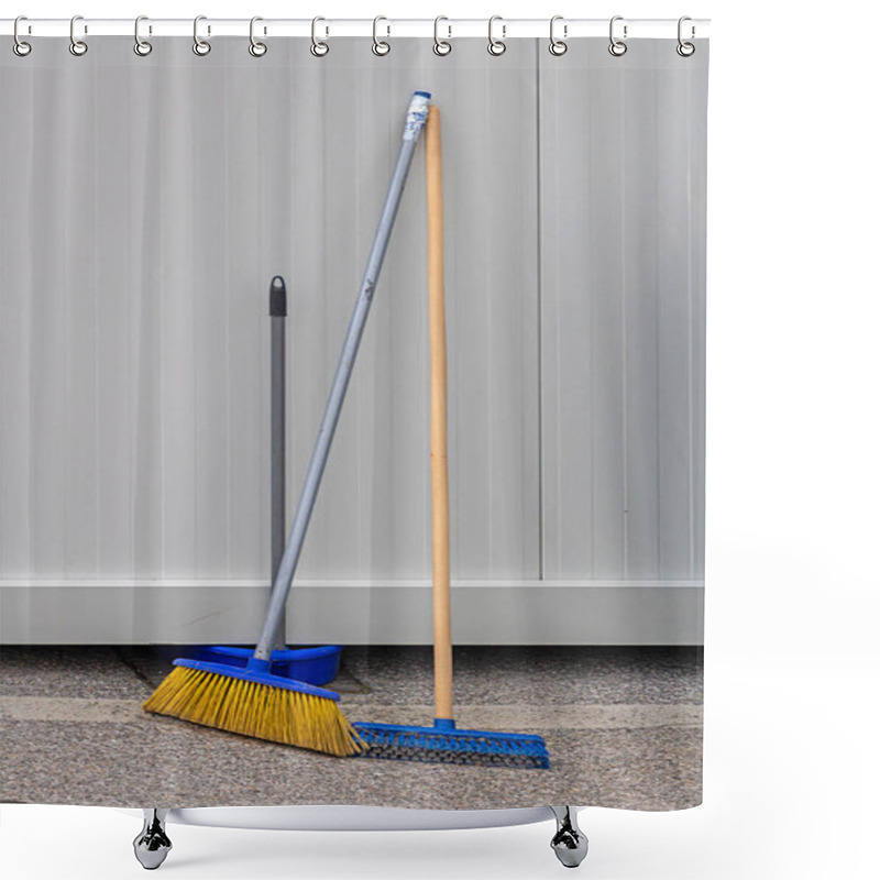 Personality  Retro Brooms Cleaning Equipment Tools Outside On A City Street Shower Curtains