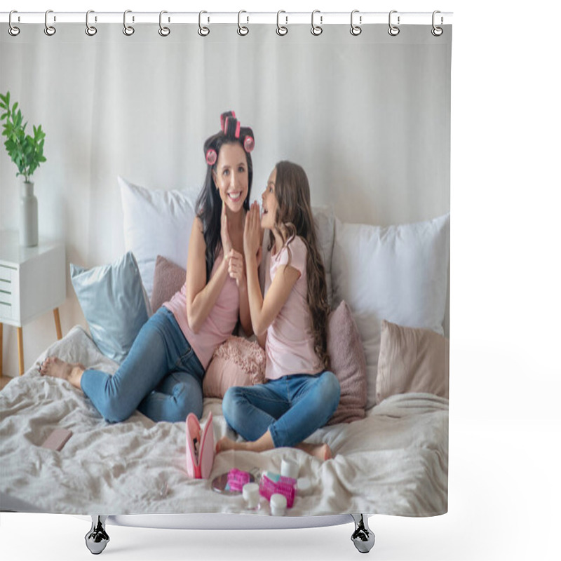 Personality  Mom And Daughter In Jeans Laying On The Bed And Sharing Secrets Shower Curtains