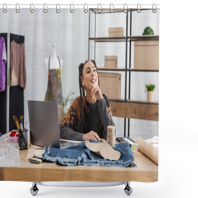 Personality  Dreamy African American Craftswoman Sitting Near Sewing Equipment And Laptop In Workshop  Shower Curtains