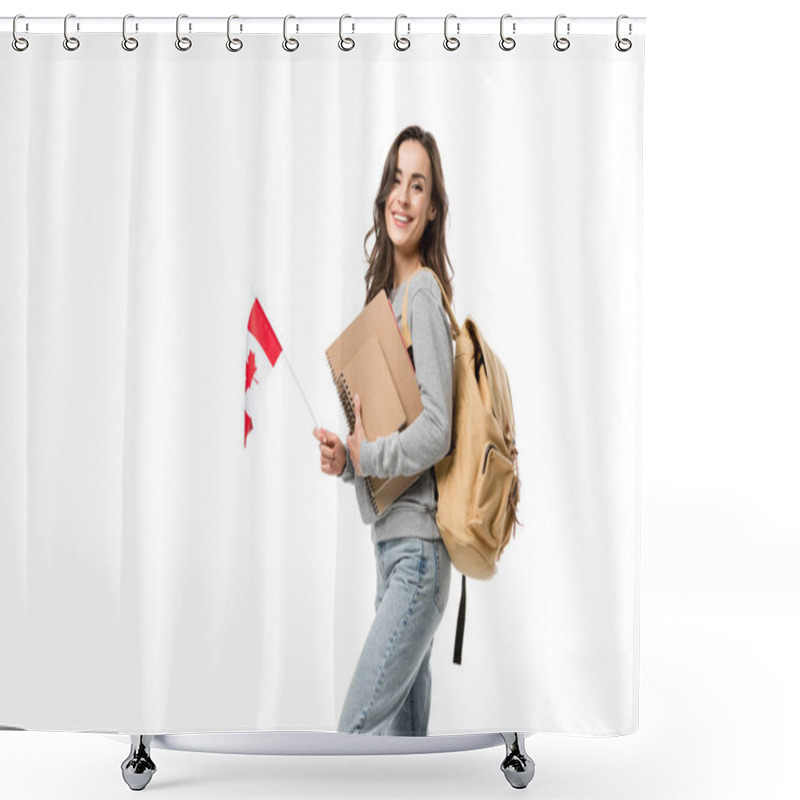 Personality  Happy Female Student With Backpack And Notebooks Looking At Camera While Holding Canadian Flag Isolated On White Shower Curtains