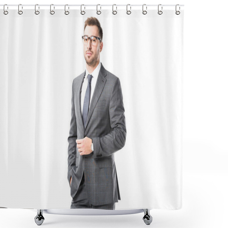 Personality  Adult Confident Businessman In Suit Isolated On White Shower Curtains