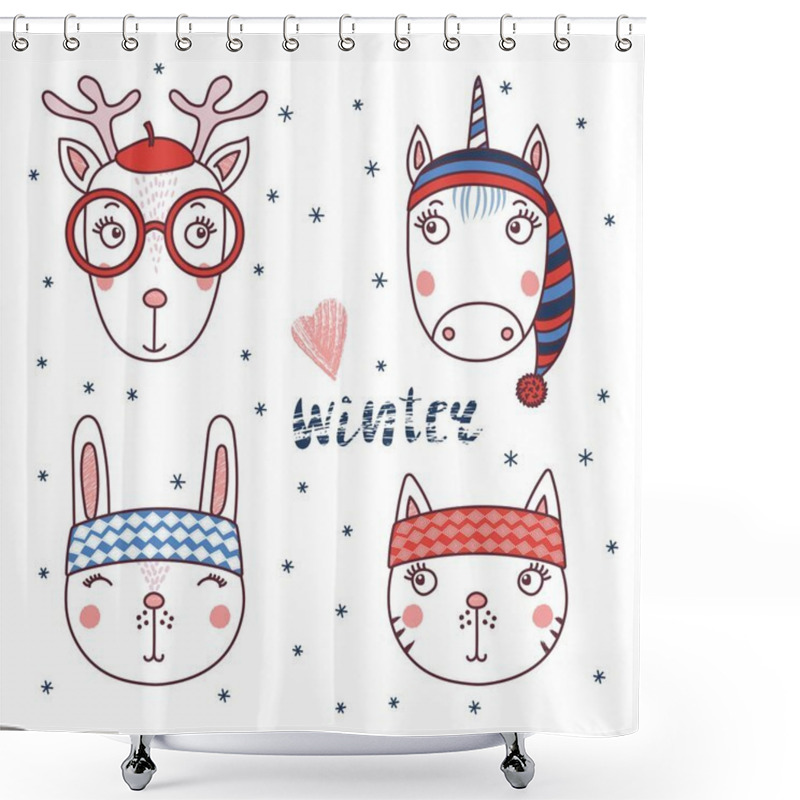 Personality  Cute Animals In Warm Hats Shower Curtains