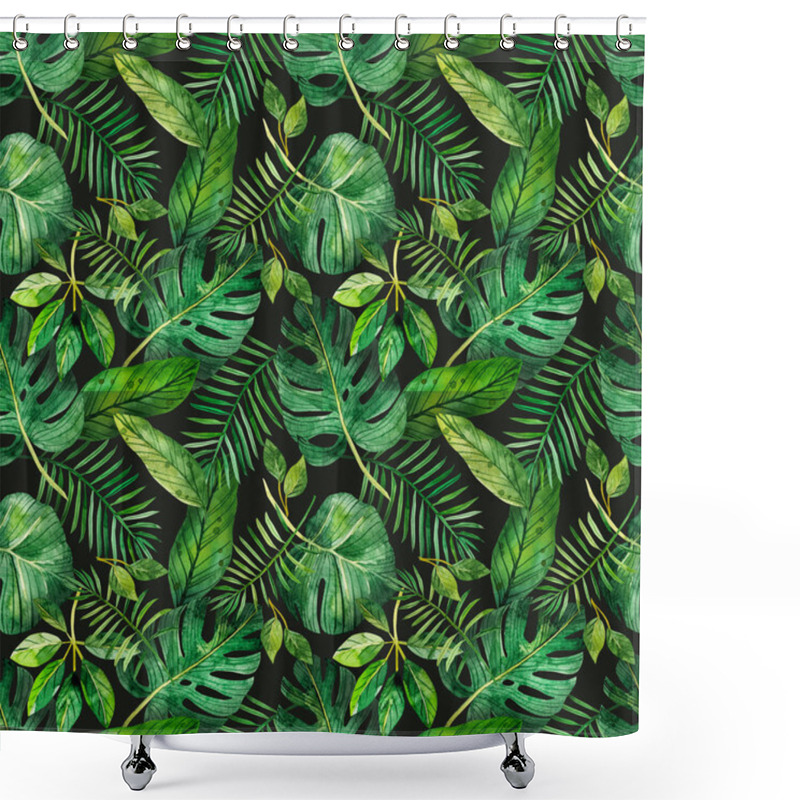 Personality  A Seamless Pattern With Tropical Leaves On A Dark Background, Perfect For Scrapbooking And Gift Wrapping, Also Suitable For Prints On Clothes. Hand-drawn Watercolor On Paper - Digital Clipart. Green Tropical Leaves, Monstera, Palm Leaves Shower Curtains