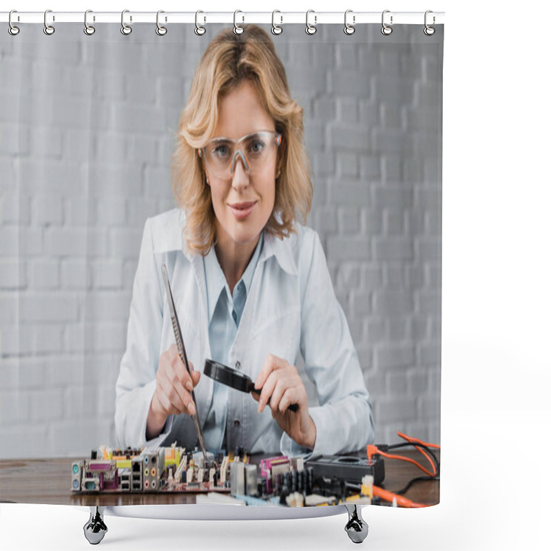 Personality  Female Computer Engineer Repairing Motherboard And Looking At Camera Shower Curtains