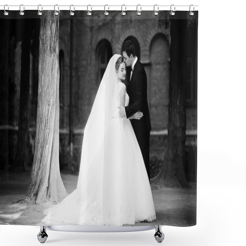 Personality  Fantastic Wedding Couple Walking In The Park On Their Wedding Da Shower Curtains