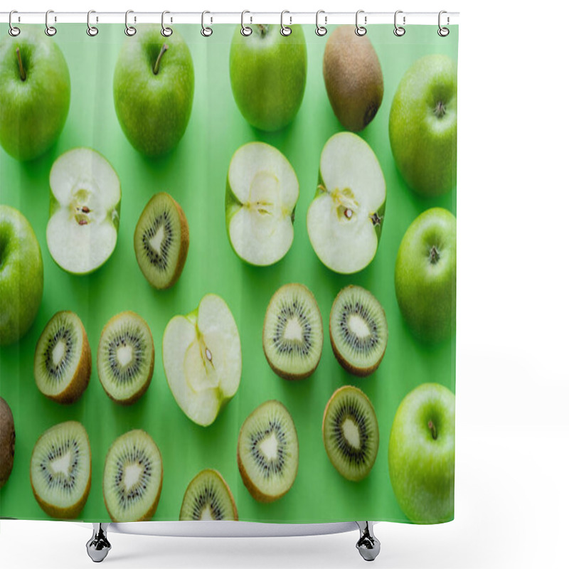 Personality  Flat Lay Of Ripe Apples And Kiwi Fruits On Green  Shower Curtains